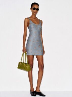 Reformation Dusty Blue Floral Scoop-Neck Mini Dress